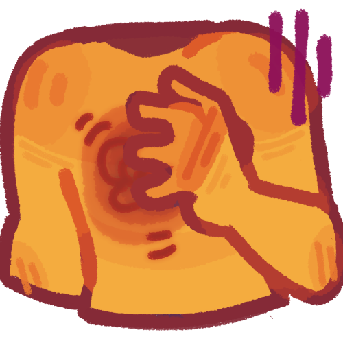 A yellow figure's torso with their hand pressed to their chest, which has dark red squiggles on it and is tinted red round the squiggles. there are three purple emphasis lines on their shoulder.
